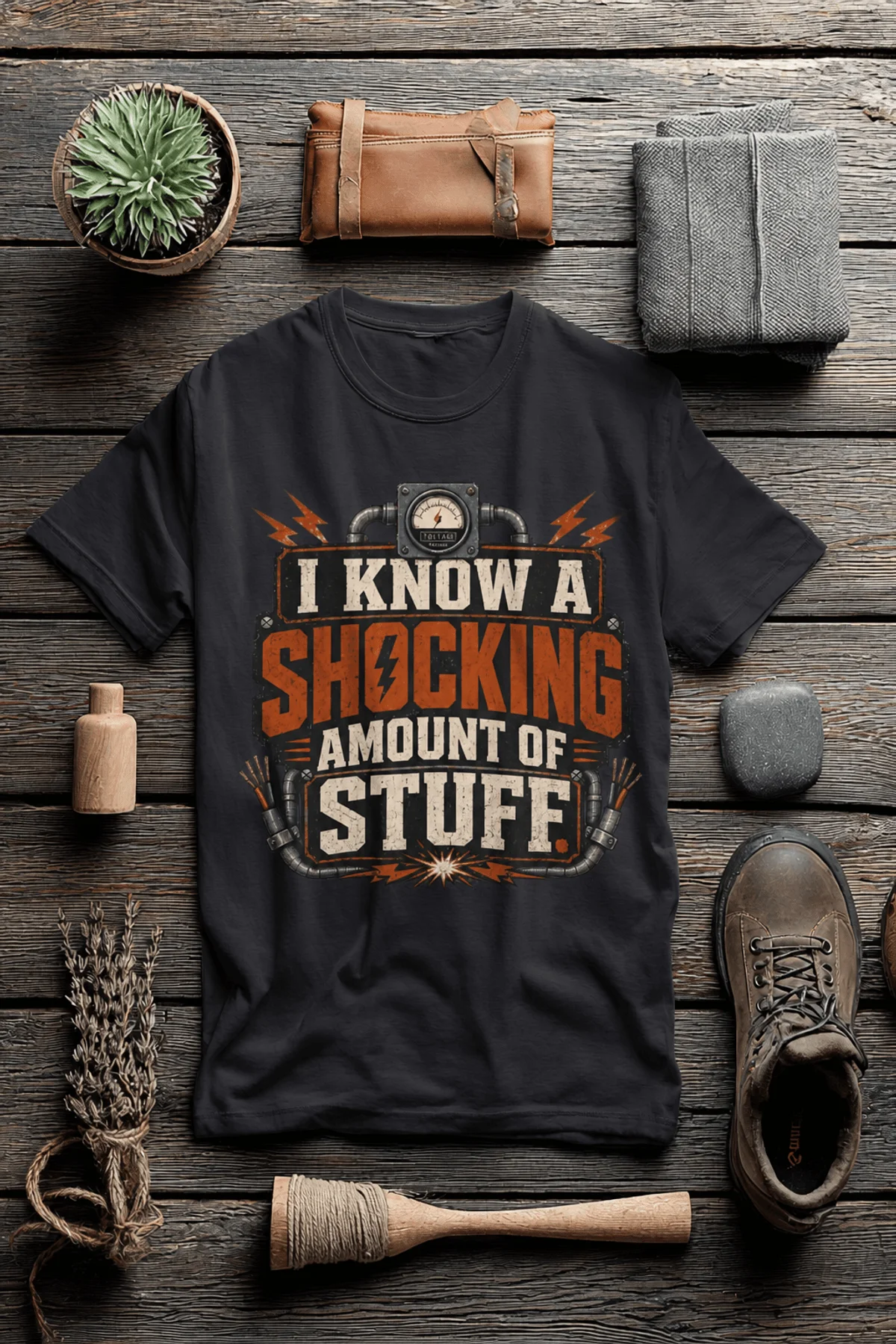I Know A Shocking Amount Of Stuff T-Shirt — Electrician Science Humorous Tee — dark-grey t-shirt, flat-lay product photo | Pressure Tested Co