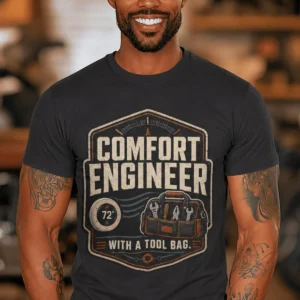 HVAC Tech T-Shirt — "Comfort Engineer" Vintage Tee with a Tool Bag — dark-grey t-shirt, model photo | Pressure Tested Co