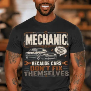 Mechanic Tee — "Mechanic. Because Cars Don't Fix Themselves" Funny Vintage Auto Technician Repair Shirt — dark-grey t-shirt, model photo | Pressure Tested Co