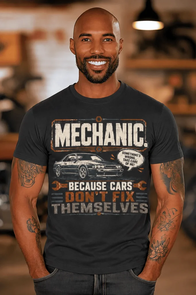 Mechanic Tee — "Mechanic. Because Cars Don't Fix Themselves" Funny Vintage Auto Technician Repair Shirt — dark-grey t-shirt, model photo | Pressure Tested Co