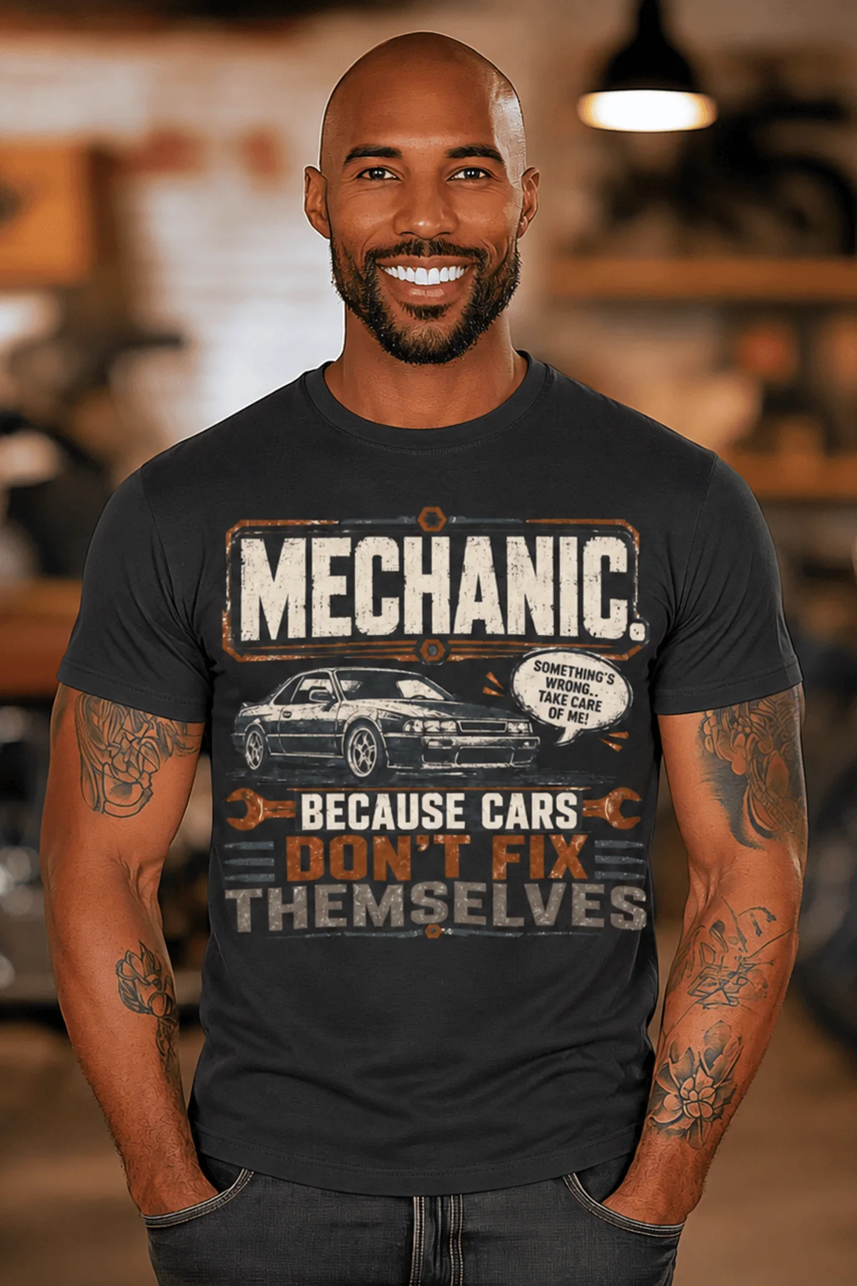 Mechanic Tee — "Mechanic. Because Cars Don't Fix Themselves" Funny Vintage Auto Technician Repair Shirt — dark-grey t-shirt, model photo | Pressure Tested Co