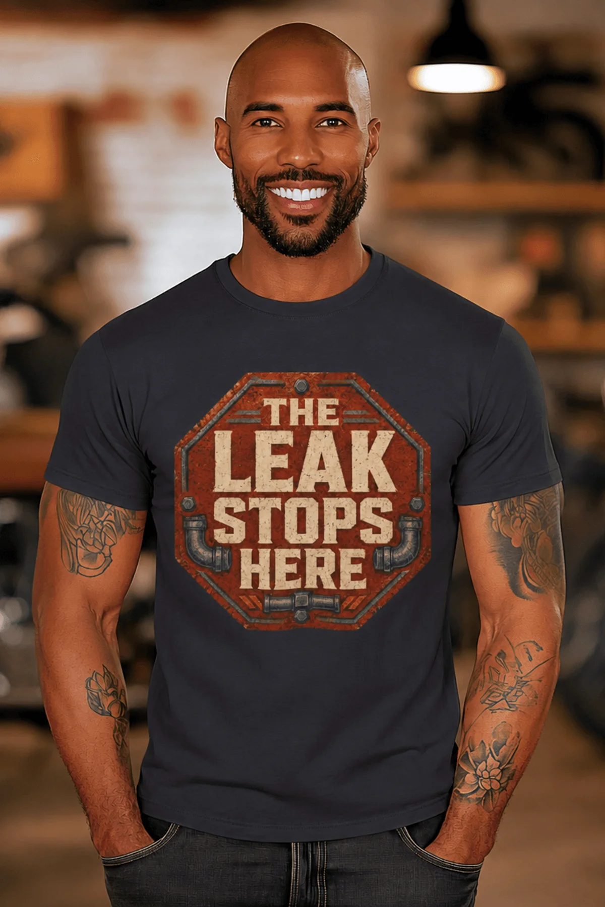 "The Leak Stops Here" Stop Sign Badge Style — Plumbing Repair Tech Humorous Tee — dark-grey t-shirt, model photo | Pressure Tested Co