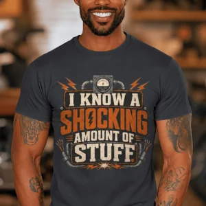 I Know A Shocking Amount Of Stuff T-Shirt — Electrician Science Humorous Tee — dark-grey t-shirt, model photo | Pressure Tested Co