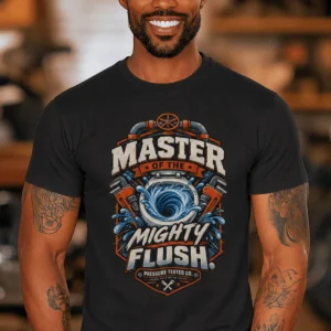 Master of the Mighty Flush T-Shirt — Plumber/Funny Toilet Repair Tee — dark-grey t-shirt, model photo | Pressure Tested Co