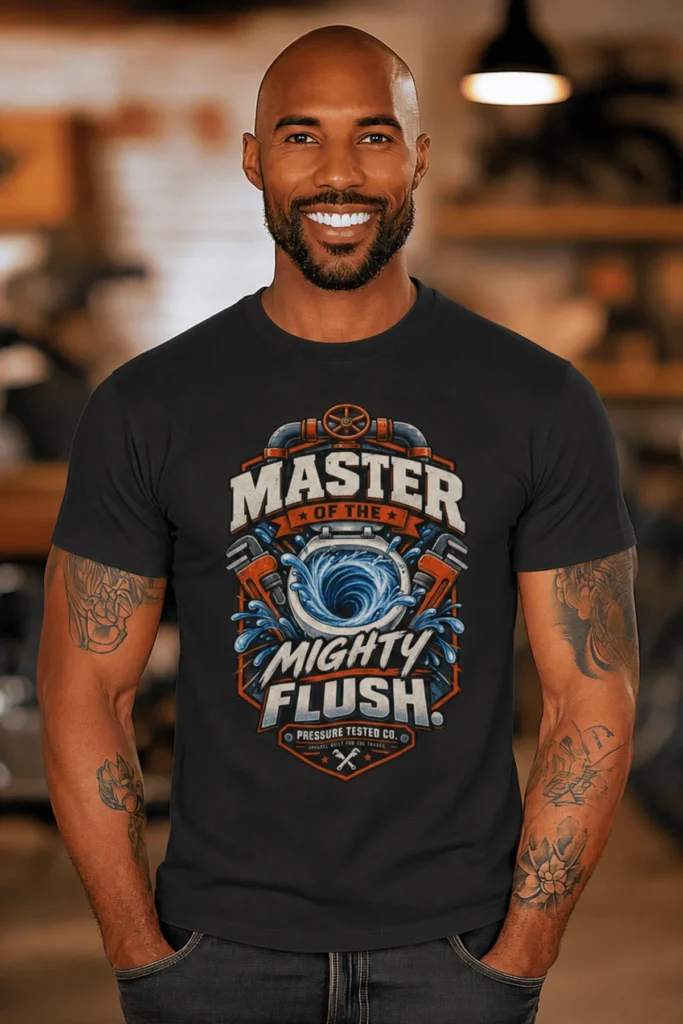 Master of the Mighty Flush T-Shirt — Plumber/Funny Toilet Repair Tee — dark-grey t-shirt, model photo | Pressure Tested Co