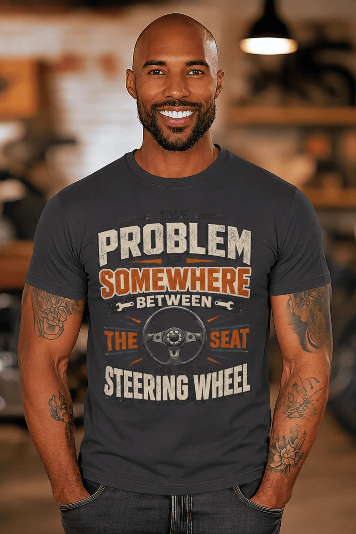 Driving Humor T-Shirt — "The Problem Is Somewhere Between The Seat And The Steering Wheel" — dark-grey t-shirt, model photo | Pressure Tested Co