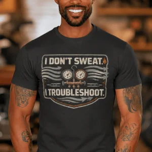 HVAC Tech T-Shirt – "I Don't Sweat. I Troubleshoot." Retro Tech Shirt — dark-grey t-shirt, model photo | Pressure Tested Co