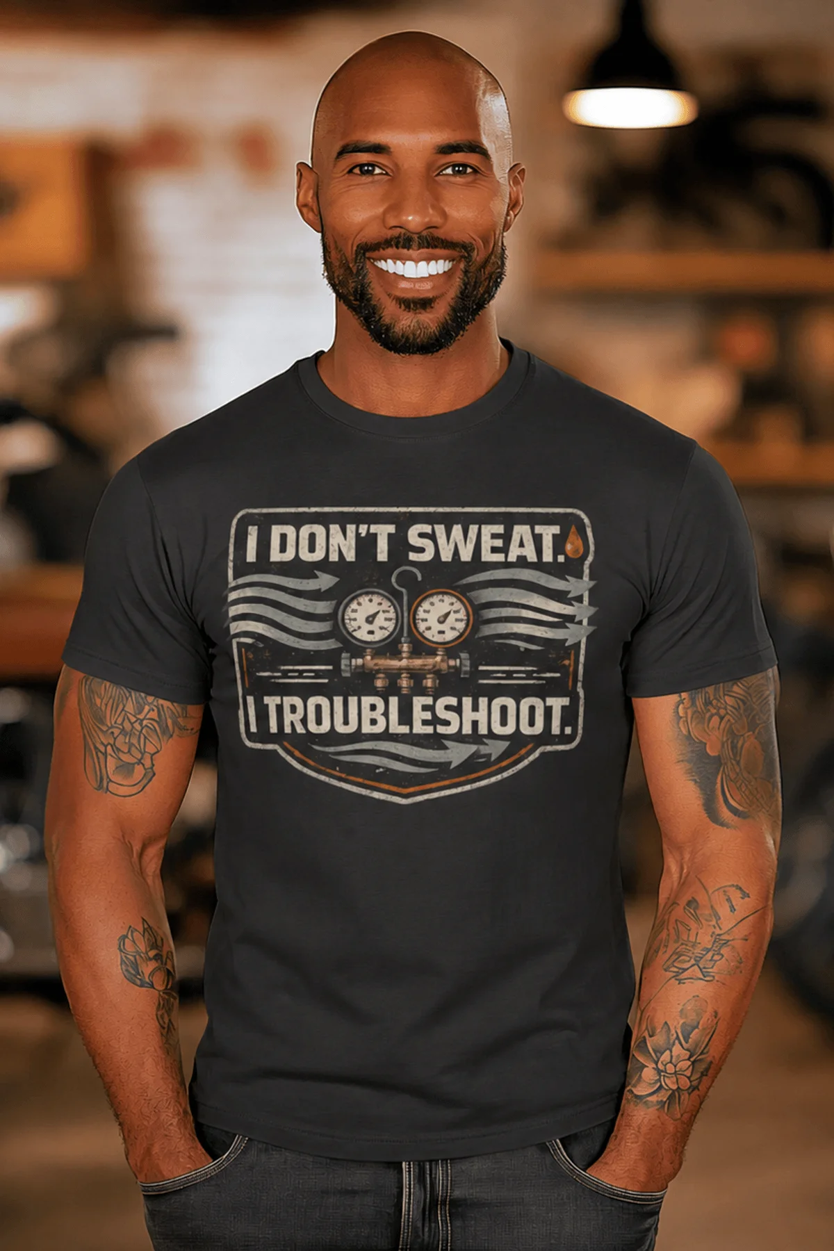 HVAC Tech T-Shirt – "I Don't Sweat. I Troubleshoot." Retro Tech Shirt — dark-grey t-shirt, model photo | Pressure Tested Co
