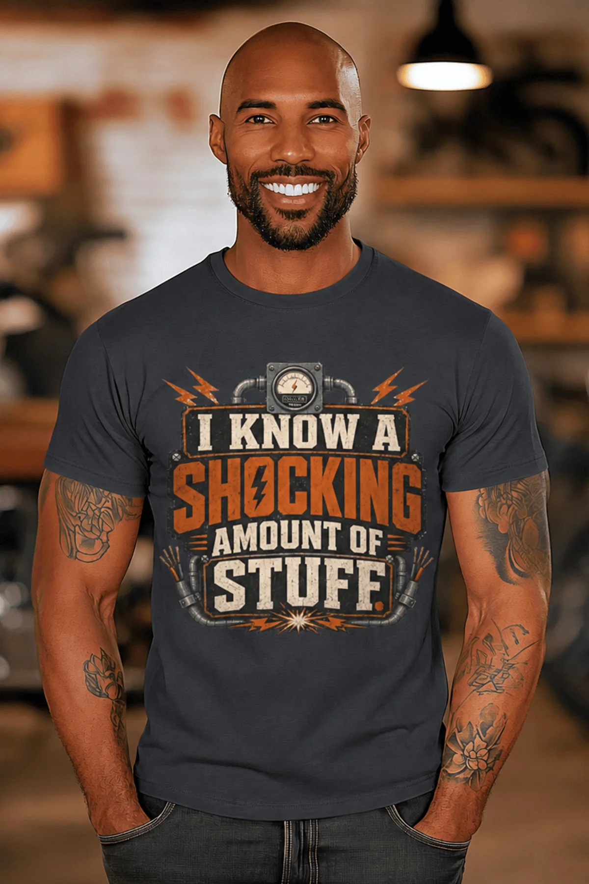 I Know A Shocking Amount Of Stuff T-Shirt — Electrician Science Humorous Tee — dark-grey t-shirt, model photo | Pressure Tested Co