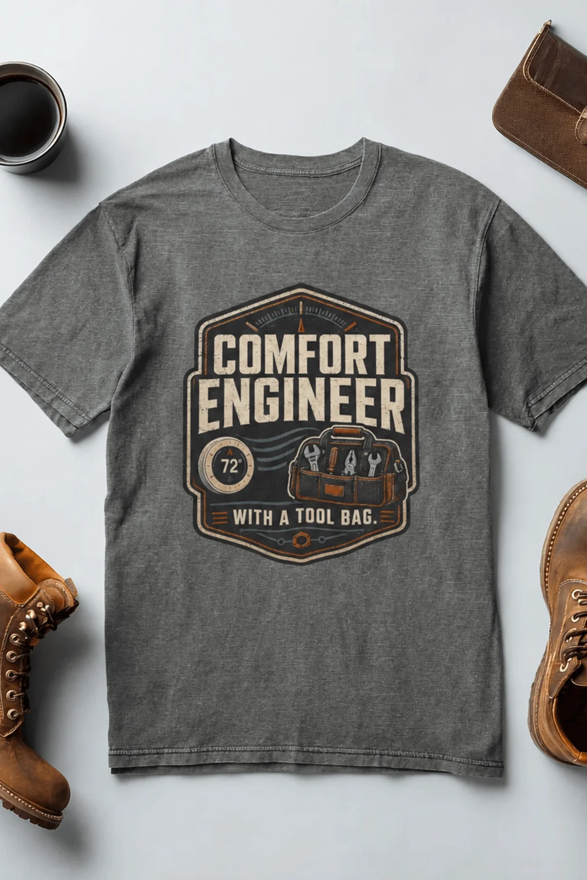 HVAC Tech T-Shirt — "Comfort Engineer" Vintage Tee with a Tool Bag — deep-heather t-shirt, flat-lay product photo | Pressure Tested Co