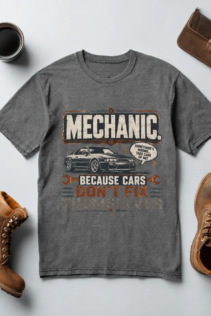 Mechanic Tee — "Mechanic. Because Cars Don't Fix Themselves" Funny Vintage Auto Technician Repair Shirt — deep-heather t-shirt, flat-lay product photo | Pressure Tested Co