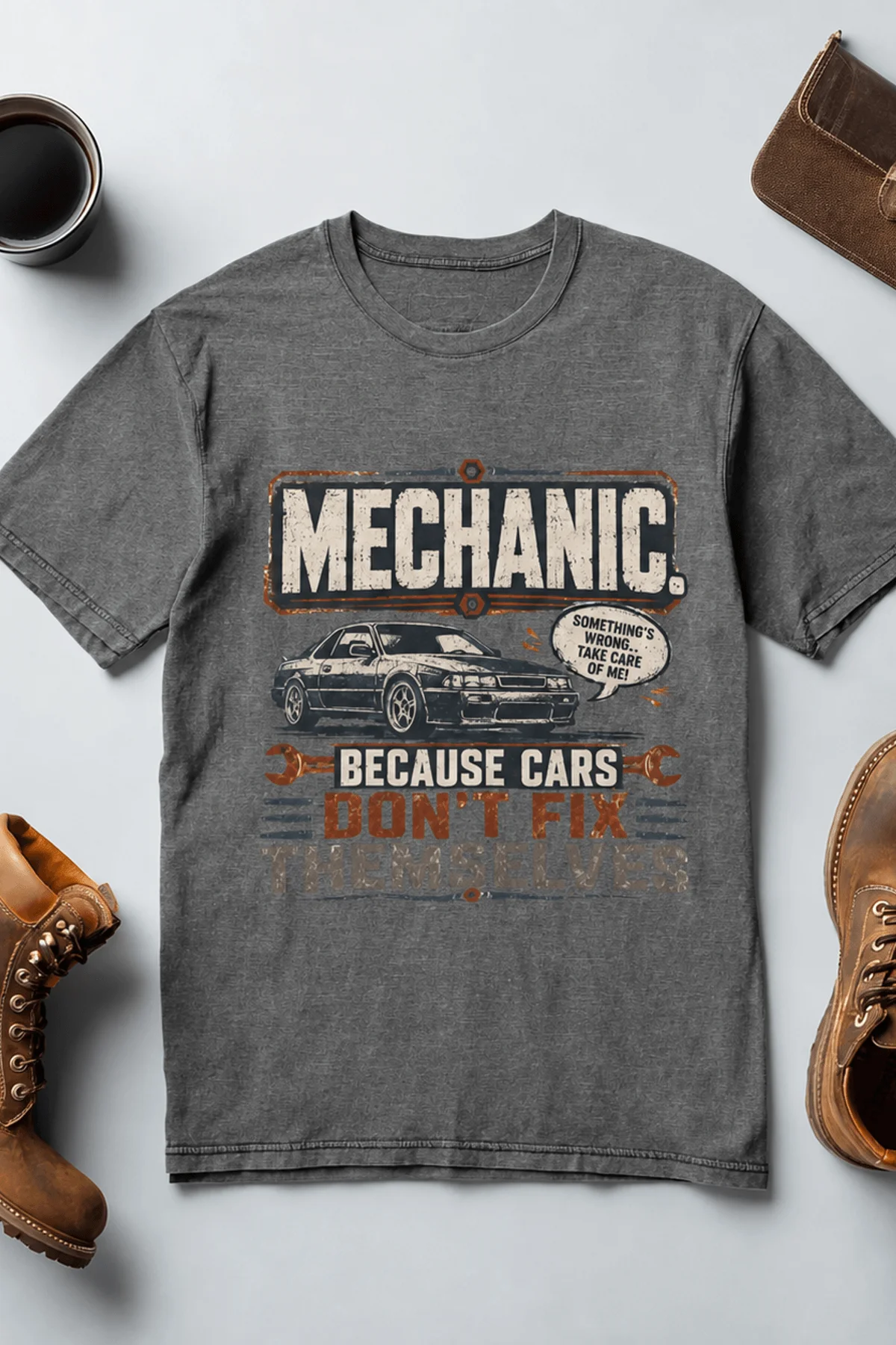 Mechanic Tee — "Mechanic. Because Cars Don't Fix Themselves" Funny Vintage Auto Technician Repair Shirt — deep-heather t-shirt, flat-lay product photo | Pressure Tested Co
