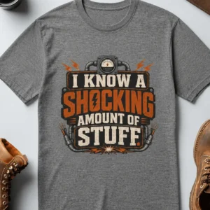 I Know A Shocking Amount Of Stuff T-Shirt — Electrician Science Humorous Tee — deep-heather t-shirt, flat-lay product photo | Pressure Tested Co