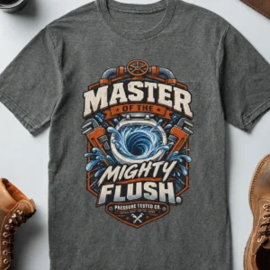 Master of the Mighty Flush T-Shirt — Plumber/Funny Toilet Repair Tee — deep-heather t-shirt, flat-lay product photo | Pressure Tested Co