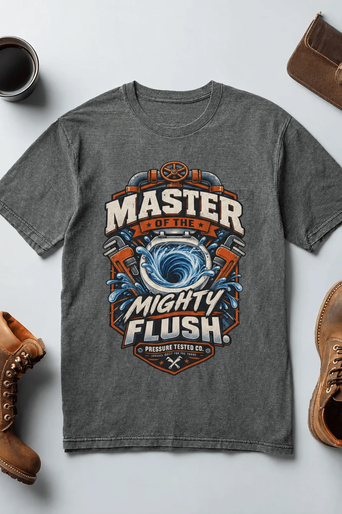 Master of the Mighty Flush T-Shirt — Plumber/Funny Toilet Repair Tee — deep-heather t-shirt, flat-lay product photo | Pressure Tested Co