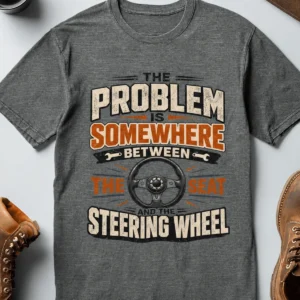 Driving Humor T-Shirt — "The Problem Is Somewhere Between The Seat And The Steering Wheel" — deep-heather t-shirt, flat-lay product photo | Pressure Tested Co