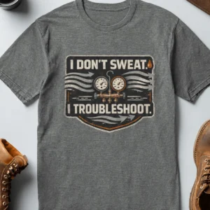 HVAC Tech T-Shirt – "I Don't Sweat. I Troubleshoot." Retro Tech Shirt — deep-heather t-shirt, flat-lay product photo | Pressure Tested Co