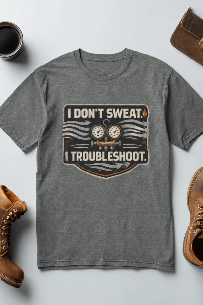 HVAC Tech T-Shirt – "I Don't Sweat. I Troubleshoot." Retro Tech Shirt — deep-heather t-shirt, flat-lay product photo | Pressure Tested Co