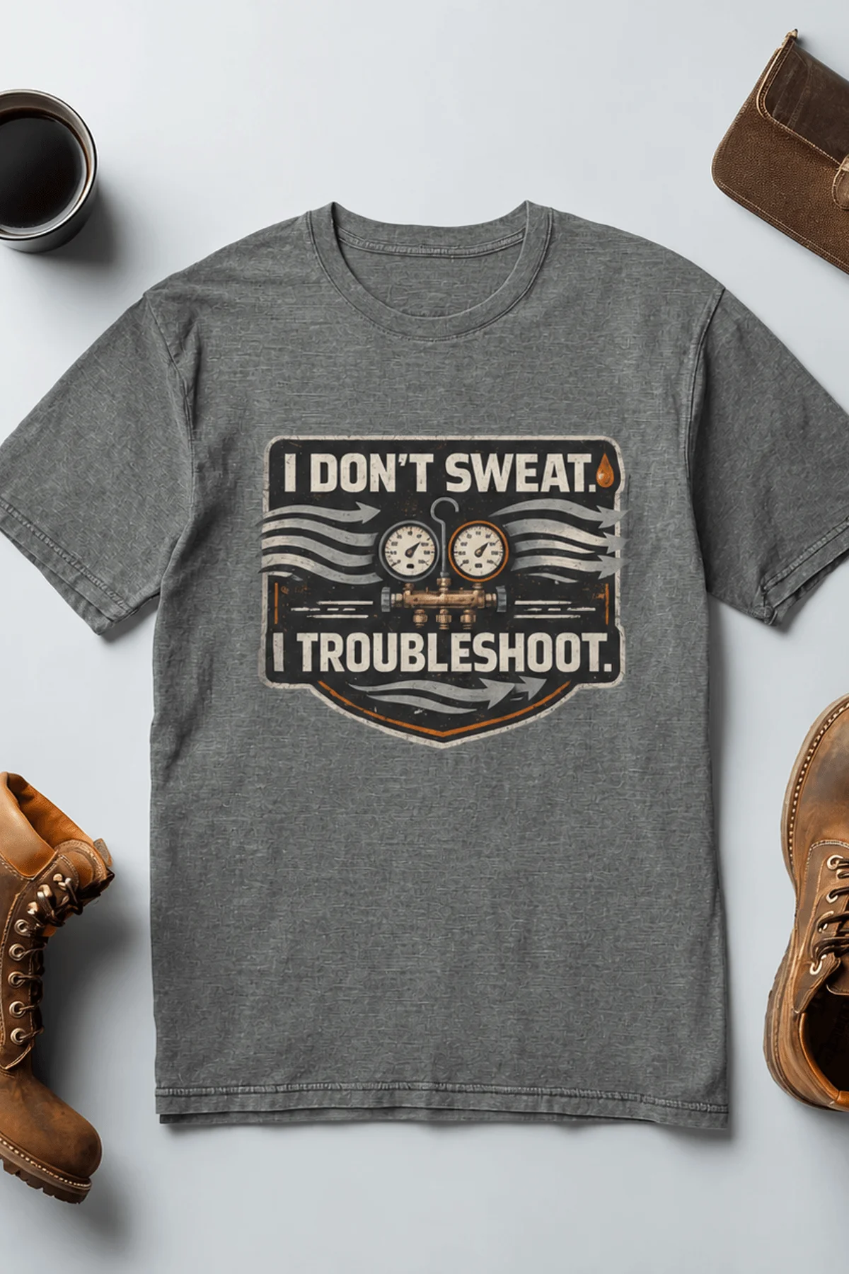 HVAC Tech T-Shirt – "I Don't Sweat. I Troubleshoot." Retro Tech Shirt — deep-heather t-shirt, flat-lay product photo | Pressure Tested Co