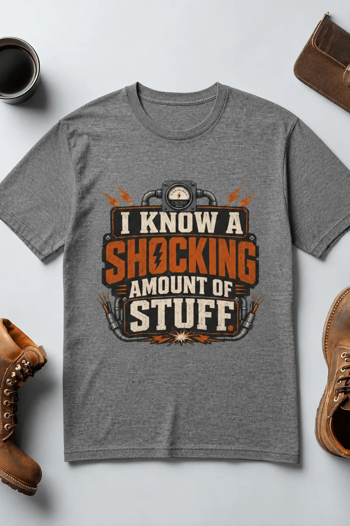 I Know A Shocking Amount Of Stuff T-Shirt — Electrician Science Humorous Tee — deep-heather t-shirt, flat-lay product photo | Pressure Tested Co