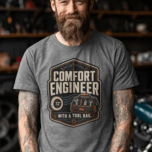 HVAC Tech T-Shirt — "Comfort Engineer" Vintage Tee with a Tool Bag — deep-heather t-shirt, model photo | Pressure Tested Co