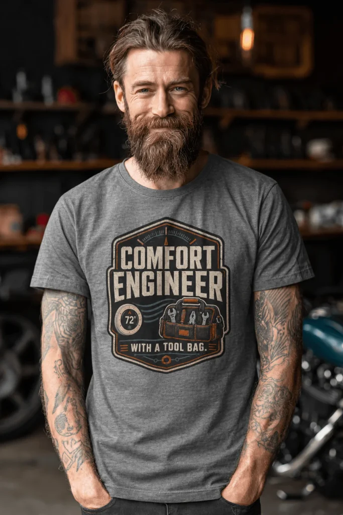 HVAC Tech T-Shirt — "Comfort Engineer" Vintage Tee with a Tool Bag — deep-heather t-shirt, model photo | Pressure Tested Co