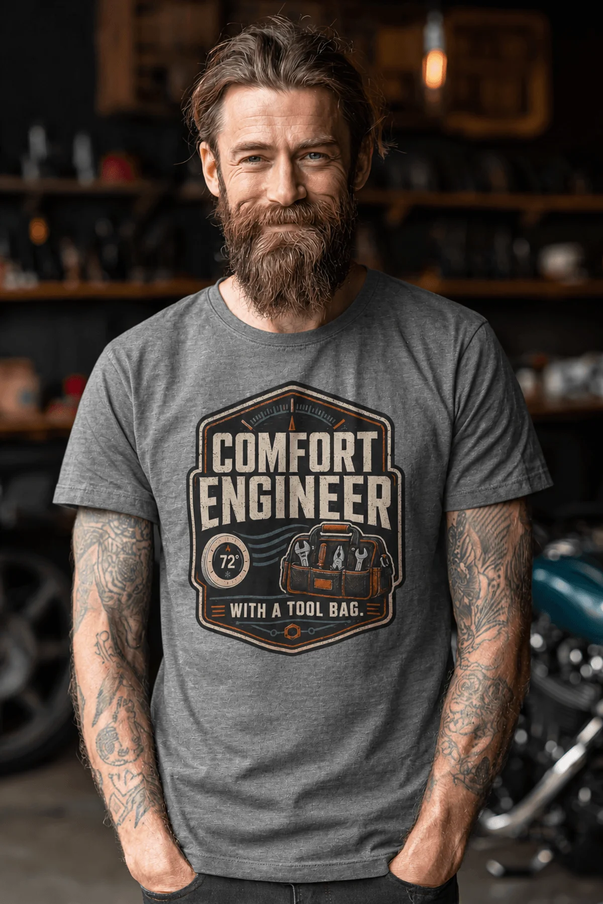 HVAC Tech T-Shirt — "Comfort Engineer" Vintage Tee with a Tool Bag — deep-heather t-shirt, model photo | Pressure Tested Co