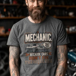 Mechanic Tee — "Mechanic. Because Cars Don't Fix Themselves" Funny Vintage Auto Technician Repair Shirt — deep-heather t-shirt, model photo | Pressure Tested Co