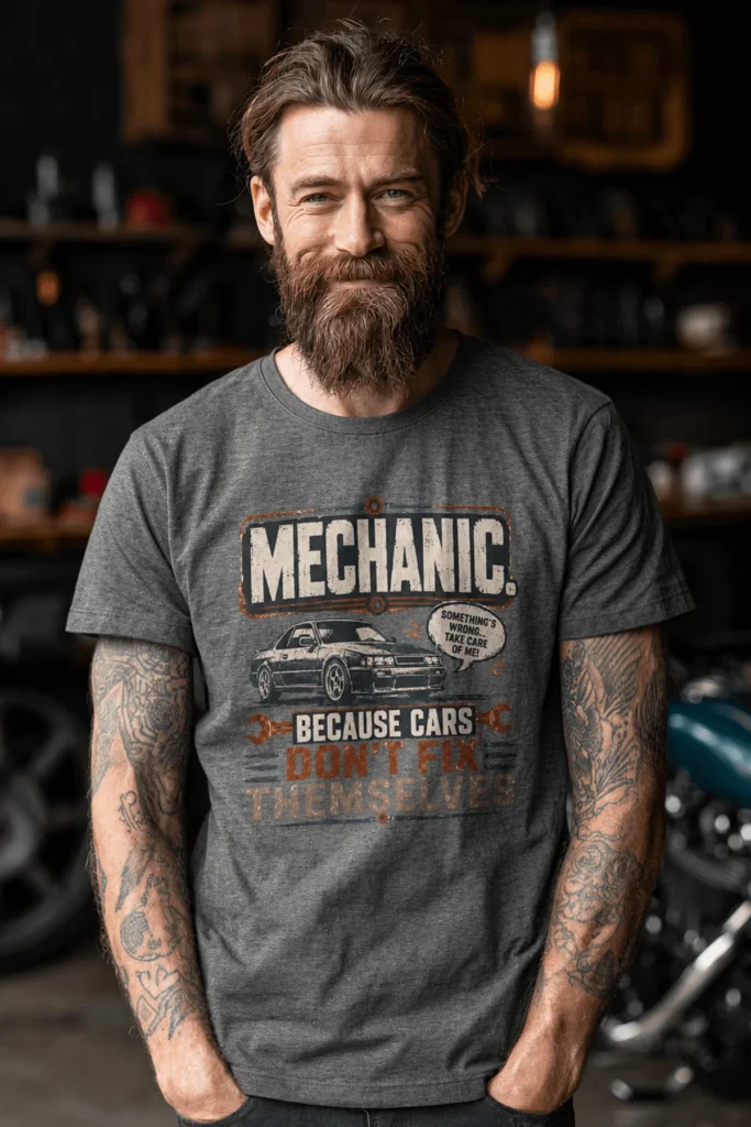 Mechanic Tee — "Mechanic. Because Cars Don't Fix Themselves" Funny Vintage Auto Technician Repair Shirt — deep-heather t-shirt, model photo | Pressure Tested Co