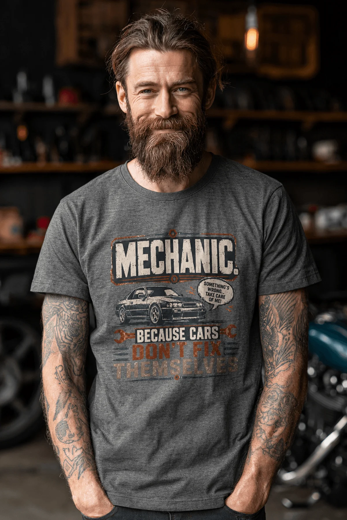 Mechanic Tee — "Mechanic. Because Cars Don't Fix Themselves" Funny Vintage Auto Technician Repair Shirt — deep-heather t-shirt, model photo | Pressure Tested Co