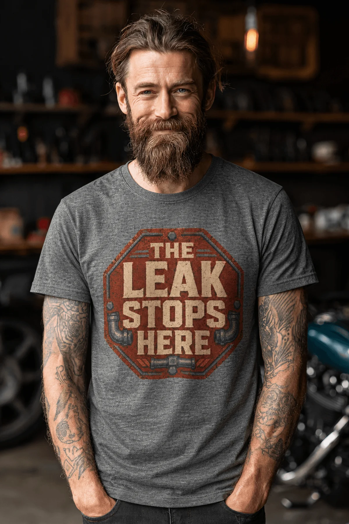 "The Leak Stops Here" Stop Sign Badge Style — Plumbing Repair Tech Humorous Tee — deep-heather t-shirt, model photo | Pressure Tested Co