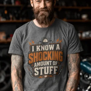 I Know A Shocking Amount Of Stuff T-Shirt — Electrician Science Humorous Tee — deep-heather t-shirt, model photo | Pressure Tested Co