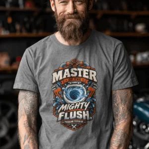 Master of the Mighty Flush T-Shirt — Plumber/Funny Toilet Repair Tee — deep-heather t-shirt, model photo | Pressure Tested Co
