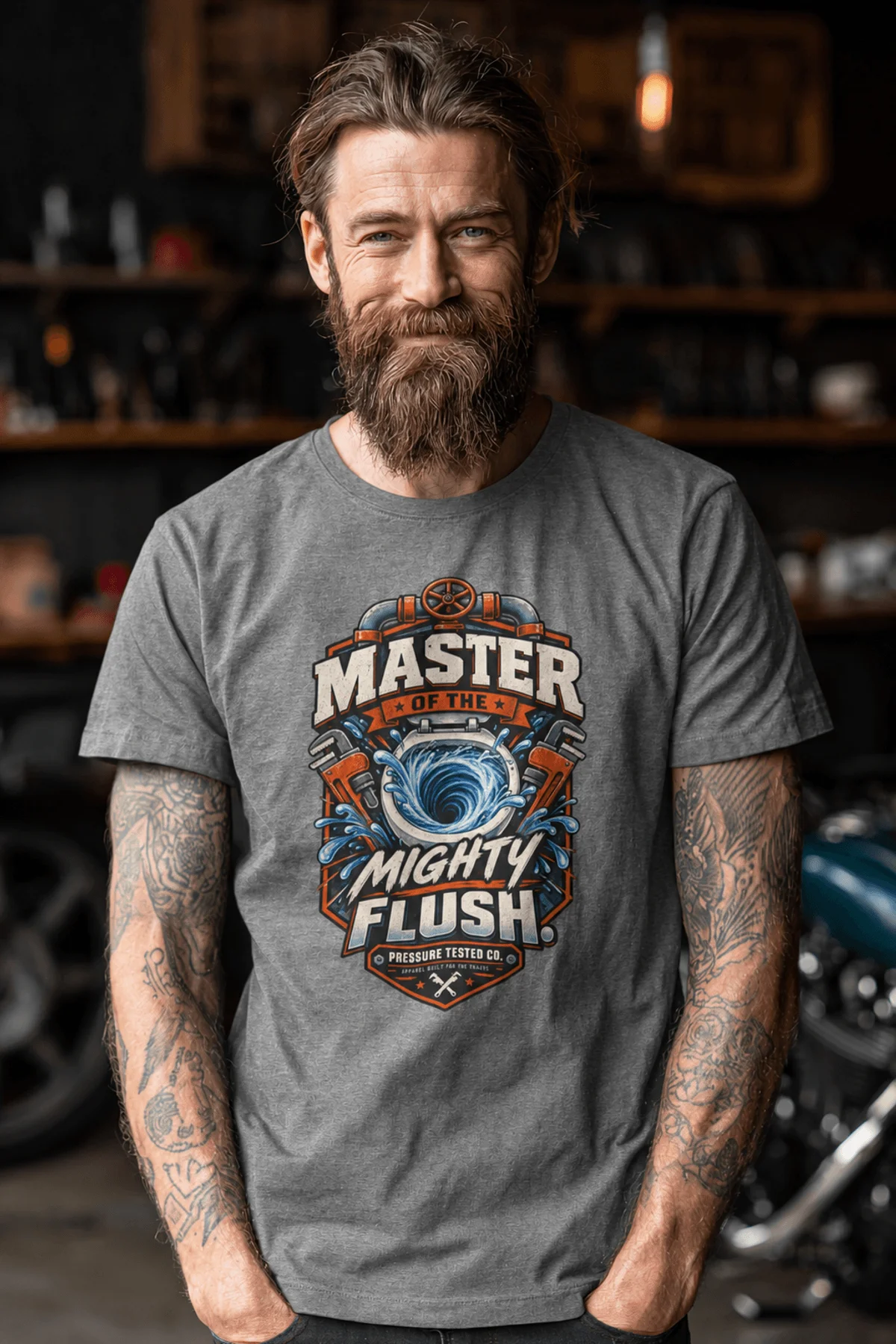 Master of the Mighty Flush T-Shirt — Plumber/Funny Toilet Repair Tee — deep-heather t-shirt, model photo | Pressure Tested Co