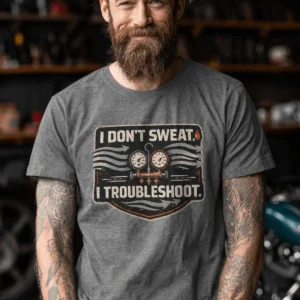 HVAC Tech T-Shirt – "I Don't Sweat. I Troubleshoot." Retro Tech Shirt — deep-heather t-shirt, model photo | Pressure Tested Co