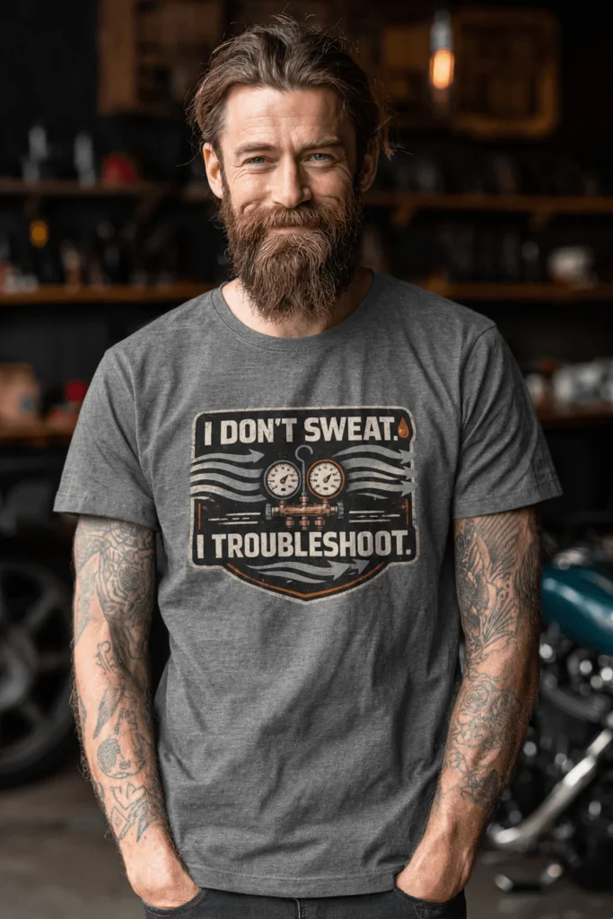 HVAC Tech T-Shirt – "I Don't Sweat. I Troubleshoot." Retro Tech Shirt — deep-heather t-shirt, model photo | Pressure Tested Co