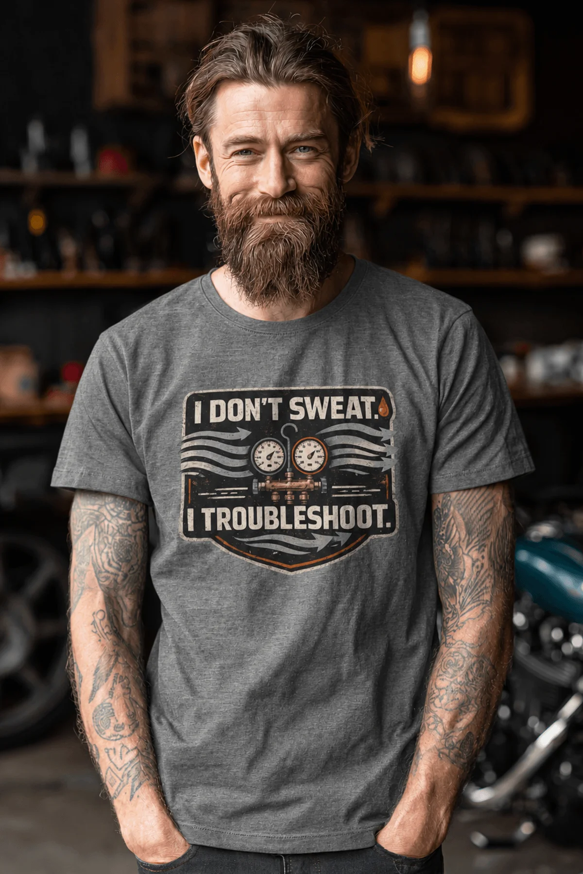 HVAC Tech T-Shirt – "I Don't Sweat. I Troubleshoot." Retro Tech Shirt — deep-heather t-shirt, model photo | Pressure Tested Co