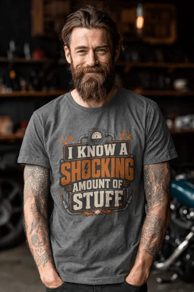 I Know A Shocking Amount Of Stuff T-Shirt — Electrician Science Humorous Tee — deep-heather t-shirt, model photo | Pressure Tested Co