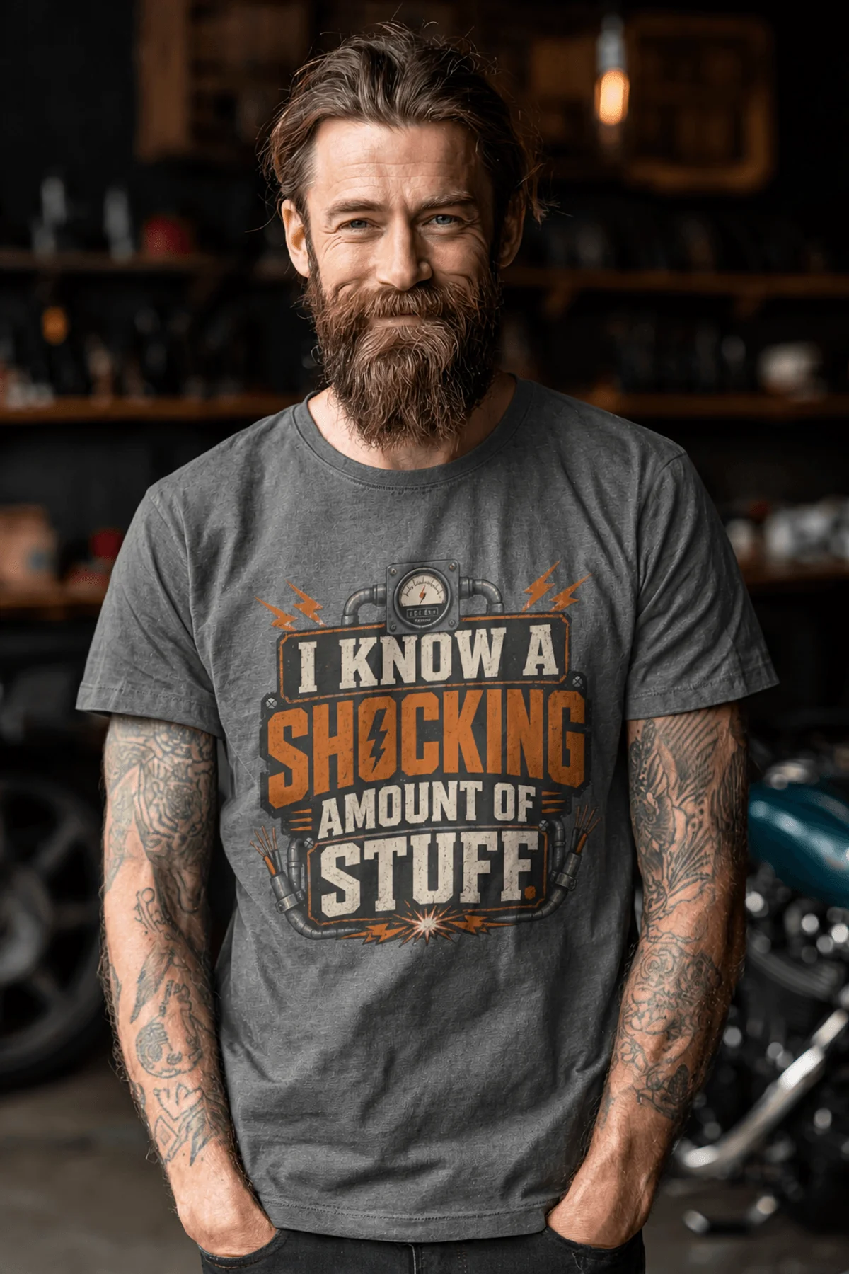 I Know A Shocking Amount Of Stuff T-Shirt — Electrician Science Humorous Tee — deep-heather t-shirt, model photo | Pressure Tested Co