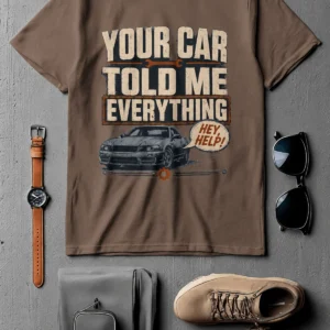 Mechanic T‑Shirt – "Your Car Told Me Everything" Vintage Graphic Design Tee — espresso t-shirt, flat-lay product photo | Pressure Tested Co