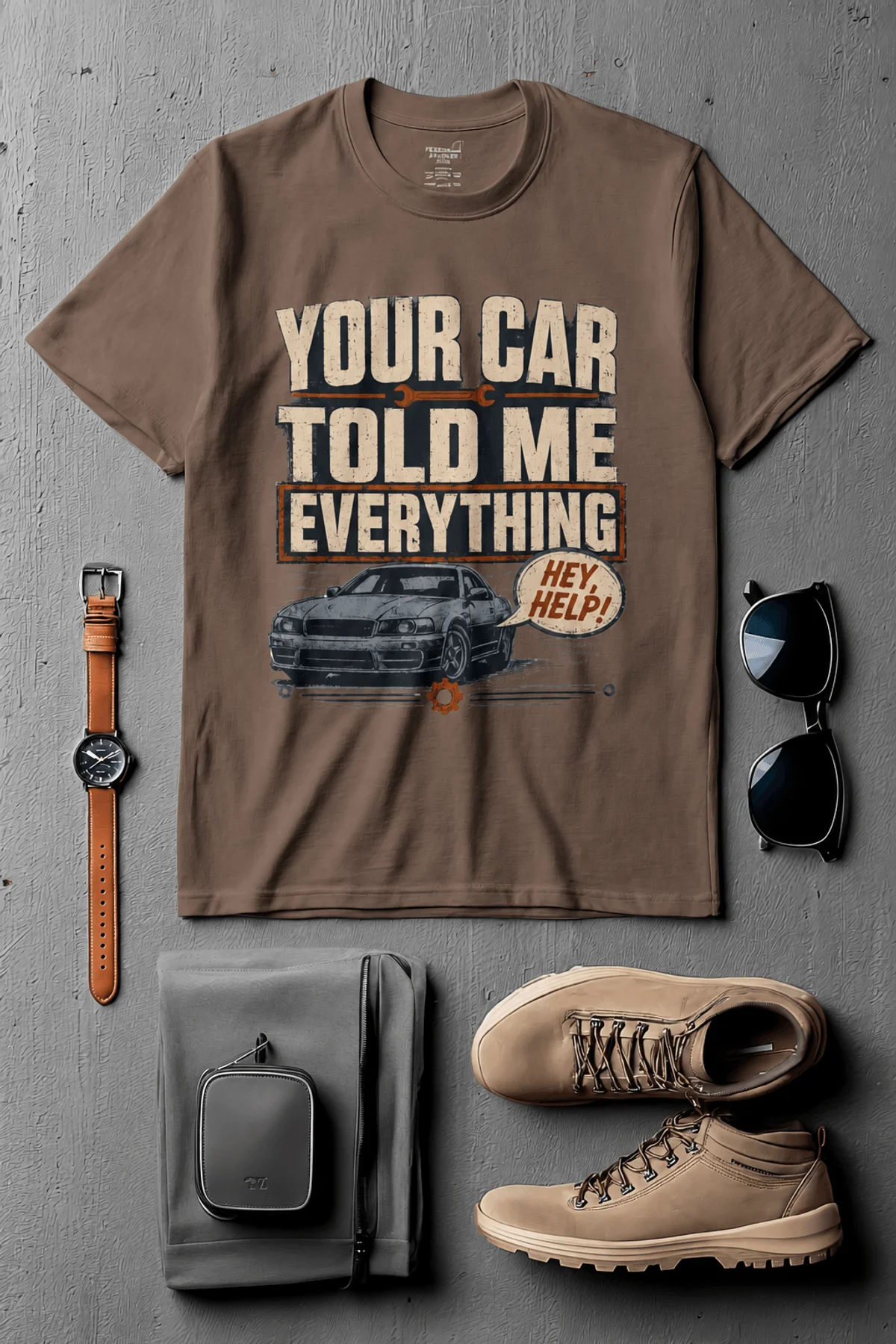 Mechanic T‑Shirt – "Your Car Told Me Everything" Vintage Graphic Design Tee — espresso t-shirt, flat-lay product photo | Pressure Tested Co