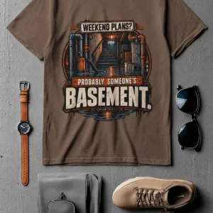 Plumber T‑Shirt – "Weekend Plans? Probably Someone's Basement" Vintage Graphic Design Tee — espresso t-shirt, flat-lay product photo | Pressure Tested Co