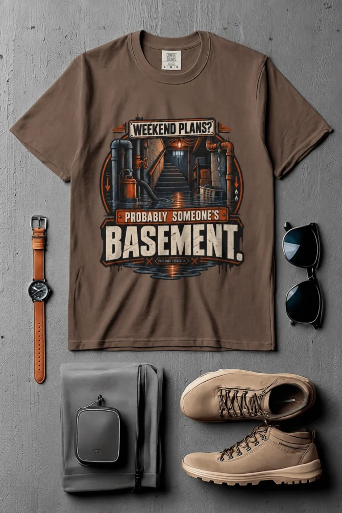 Plumber T‑Shirt – "Weekend Plans? Probably Someone's Basement" Vintage Graphic Design Tee — espresso t-shirt, flat-lay product photo | Pressure Tested Co