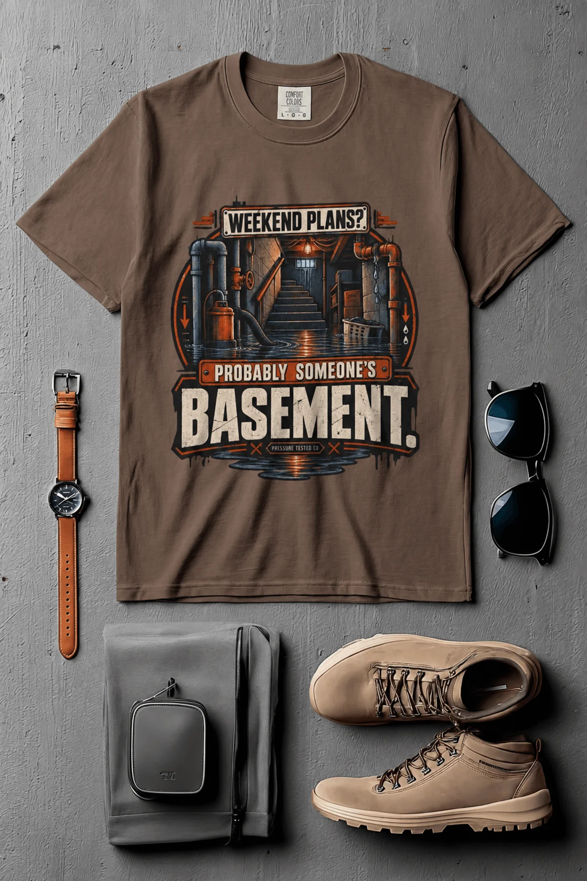 Plumber T‑Shirt – "Weekend Plans? Probably Someone's Basement" Vintage Graphic Design Tee — espresso t-shirt, flat-lay product photo | Pressure Tested Co