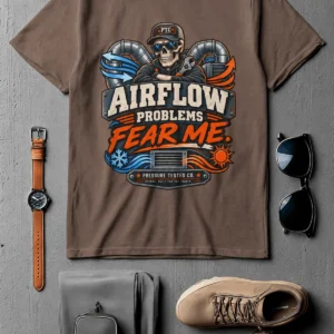 Airflow Problems Fear Me T-Shirt — HVAC Technician Skull Logo Tee — espresso t-shirt, flat-lay product photo | Pressure Tested Co