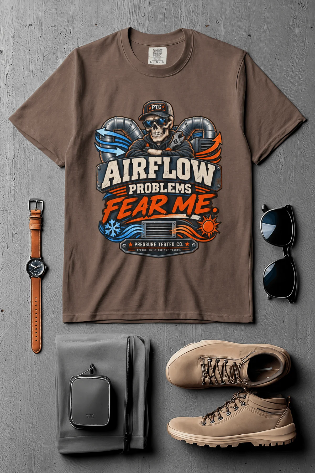 Airflow Problems Fear Me T-Shirt — HVAC Technician Skull Logo Tee — espresso t-shirt, flat-lay product photo | Pressure Tested Co