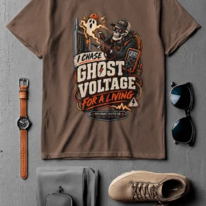Ghost Voltage T-Shirt — 'I Chase Ghost Voltage for a Living' Vintage Electrician Tee — espresso t-shirt, flat-lay product photo | Pressure Tested Co
