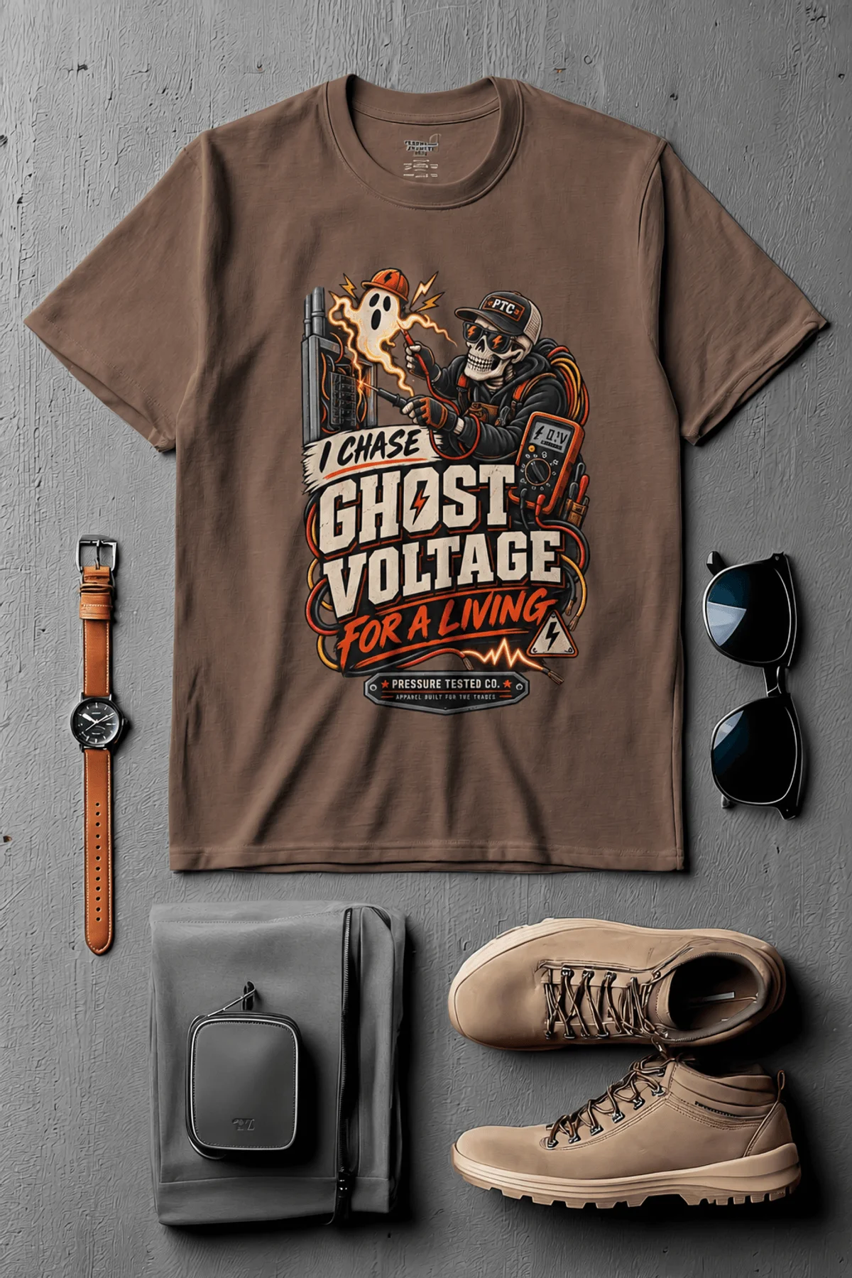Ghost Voltage T-Shirt — 'I Chase Ghost Voltage for a Living' Vintage Electrician Tee — espresso t-shirt, flat-lay product photo | Pressure Tested Co