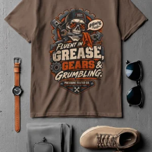 Mechanic Skull T-Shirt — "Fluent in Grease, Gears and Grumbling" Graphic Tee — espresso t-shirt, flat-lay product photo | Pressure Tested Co