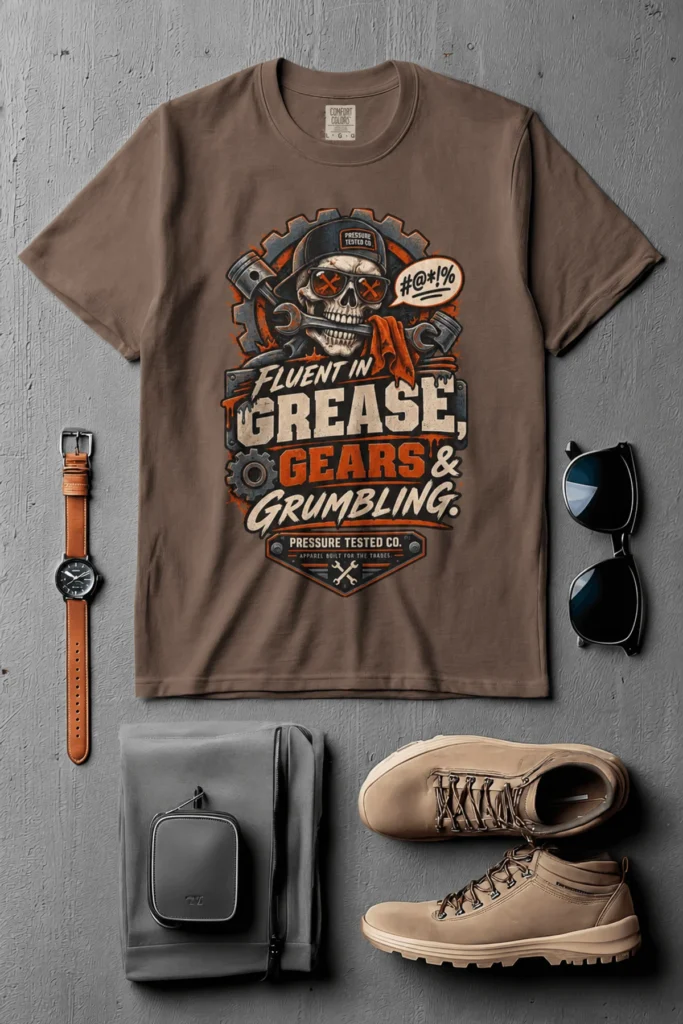 Mechanic Skull T-Shirt — "Fluent in Grease, Gears and Grumbling" Graphic Tee — espresso t-shirt, flat-lay product photo | Pressure Tested Co